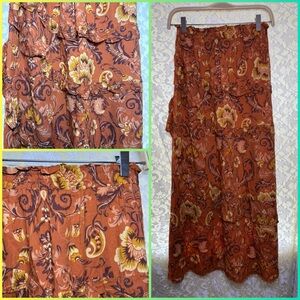 Floral Ruffle midi Skirt - Brown orange yellow medium / small